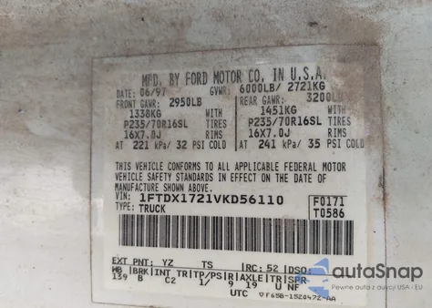 1997 Ford F150 from USA, damaged, VIN 1FTDX1721VKD56110